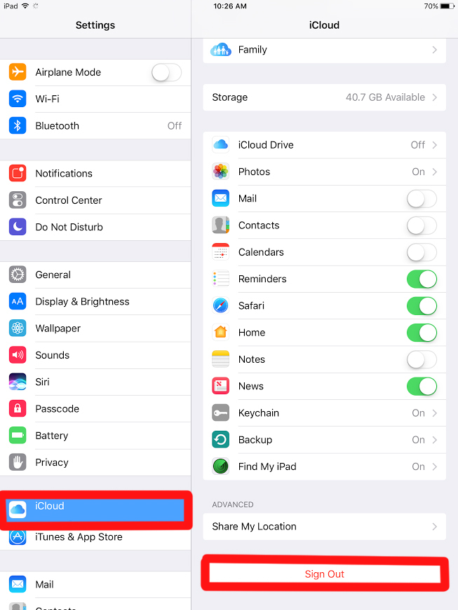 A screenshot of the relevant settings menu on an iPad.